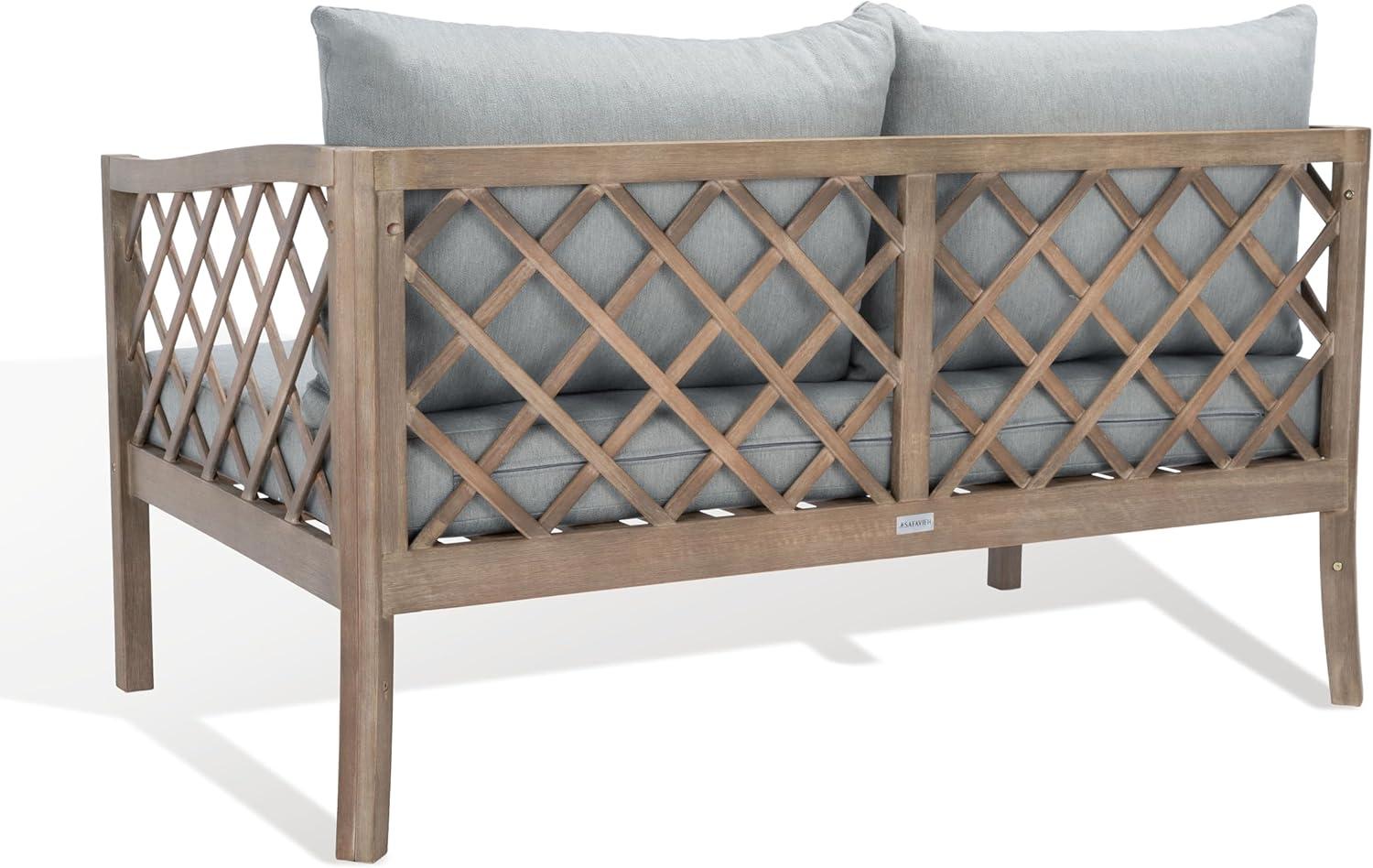 image:imageSAFAVIEH Outdoor Couture Collection Fiji Dark Brown Solid WoodBeige Cushion Trellis Pattern Patio Sofa CPT1037A