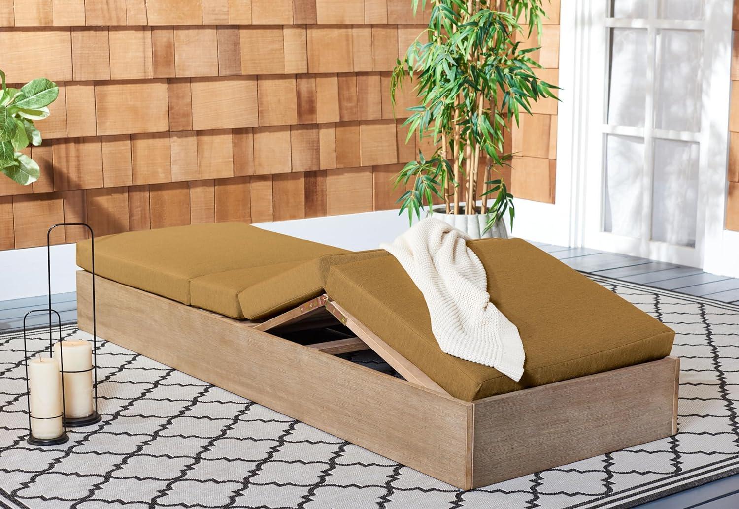 image:imageSAFAVIEH Outdoor Couture Collection Vincent Dark Brown Solid WoodBeige Cushion Chaise Lounge Chair with Storage CPT1043ANaturalBrown
