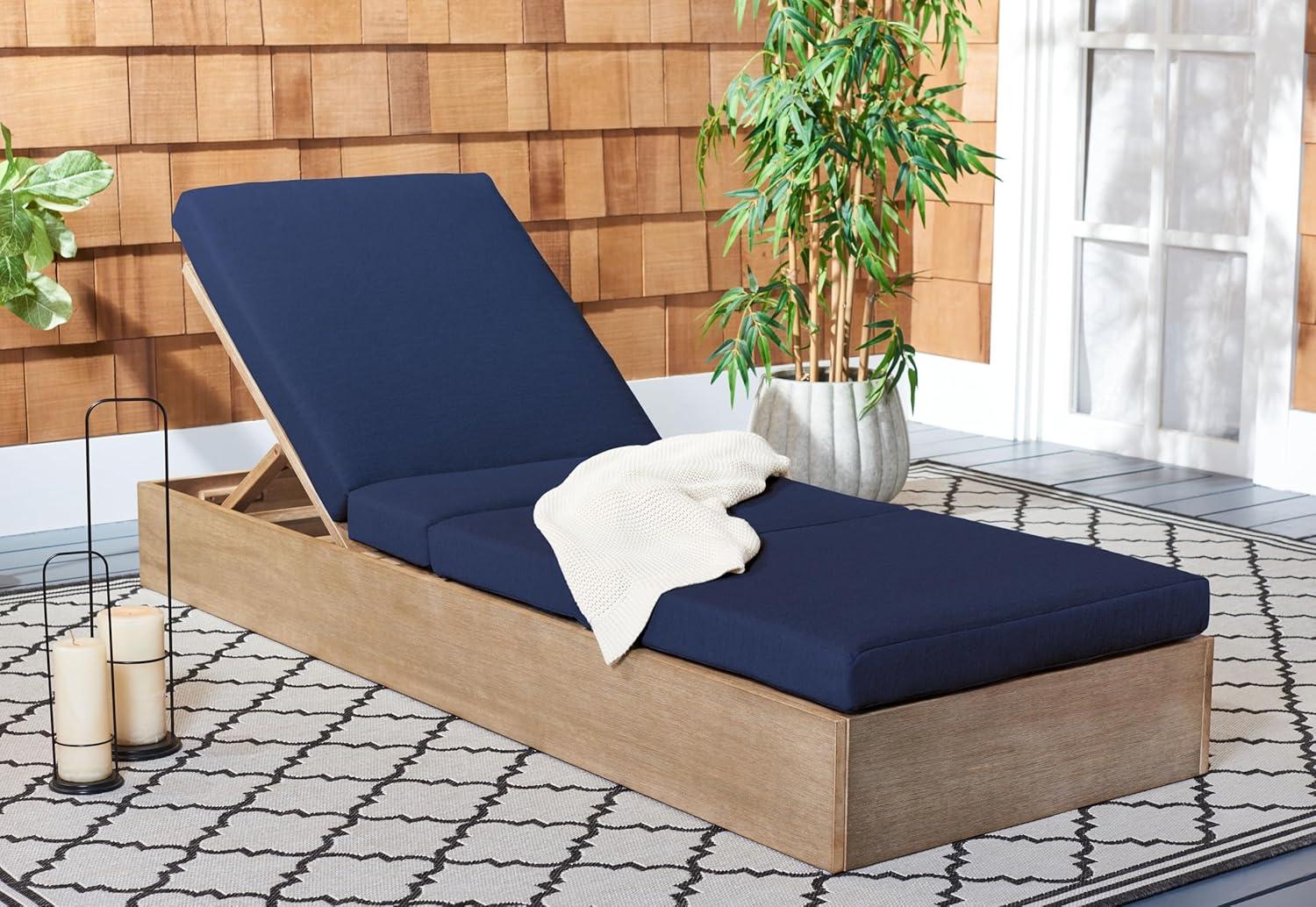 image:imageSAFAVIEH Outdoor Couture Collection Vincent Dark Brown Solid WoodBeige Cushion Chaise Lounge Chair with Storage CPT1043ANaturalNavy