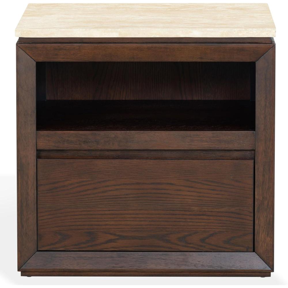 image:imageSAFAVIEH Couture Collection  Alaura Travertine Top amp Oak Nightstand Modern Bedside Table with Drawer amp Shelf Fully Assembled SFV2222ATravertineWalnut