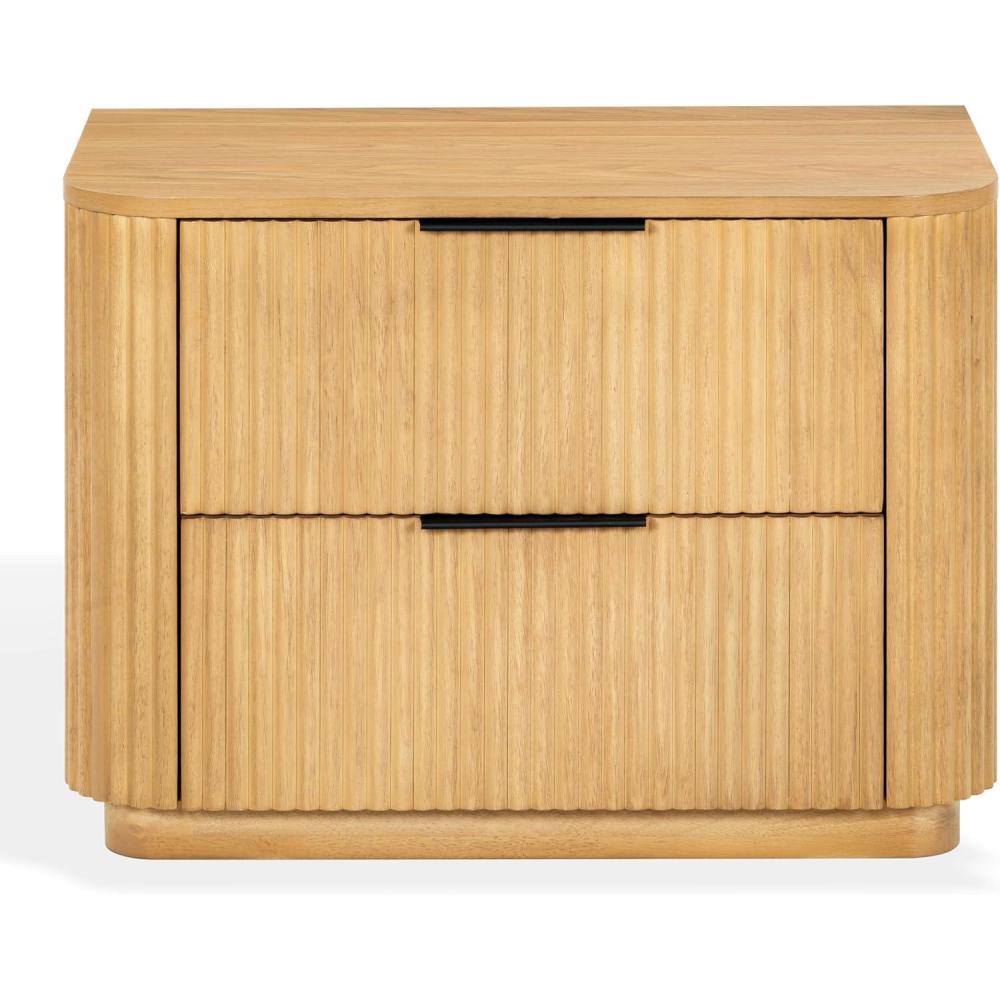 image:imageSAFAVIEH Couture Collection Barrymore Greige Oak Reeded Wood 2 Drawer Nightstand Fully Assembled Modern Storage Accent with Black Metal Hardware SFV2225AGreige Oak