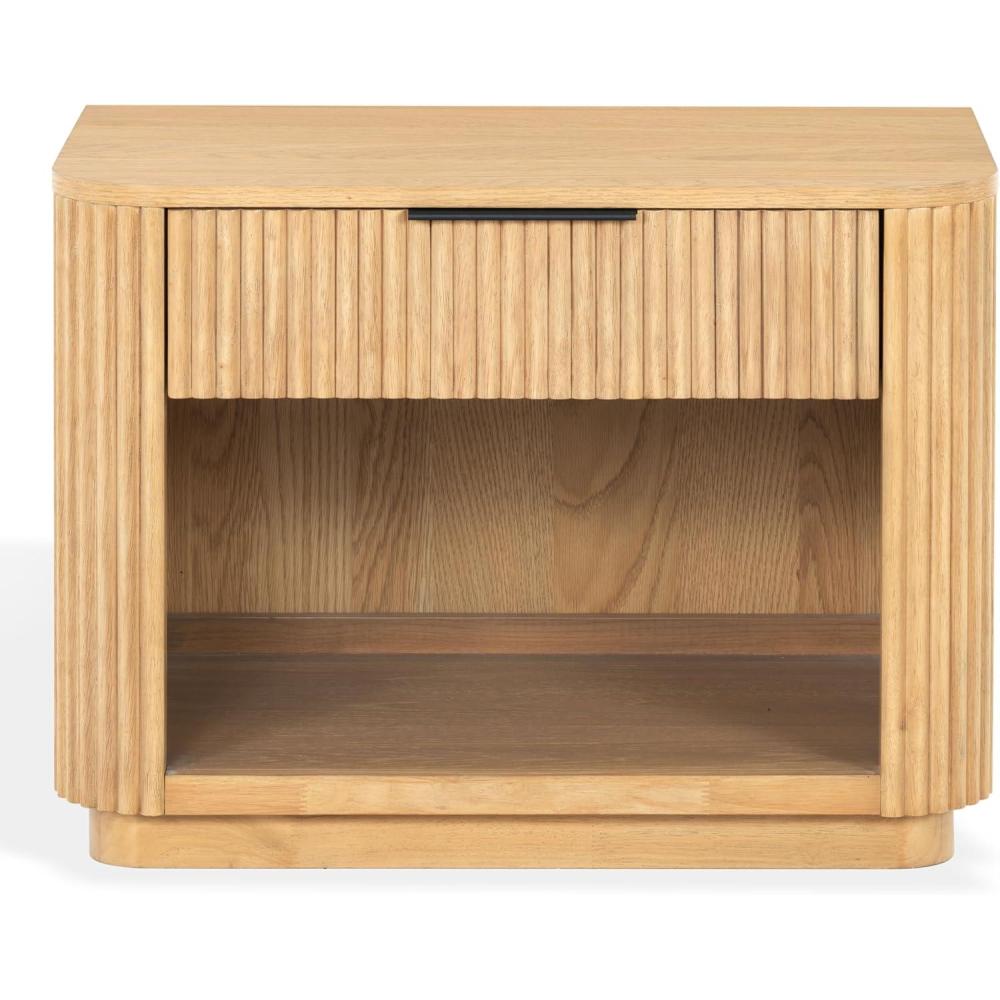 image:imageSAFAVIEH Couture Collection Barrymore Greige Oak Reeded Wood Nightstand 1 Drawer Bedside Table with Open Shelf Fully Assembled SFV2224AGreige Oak