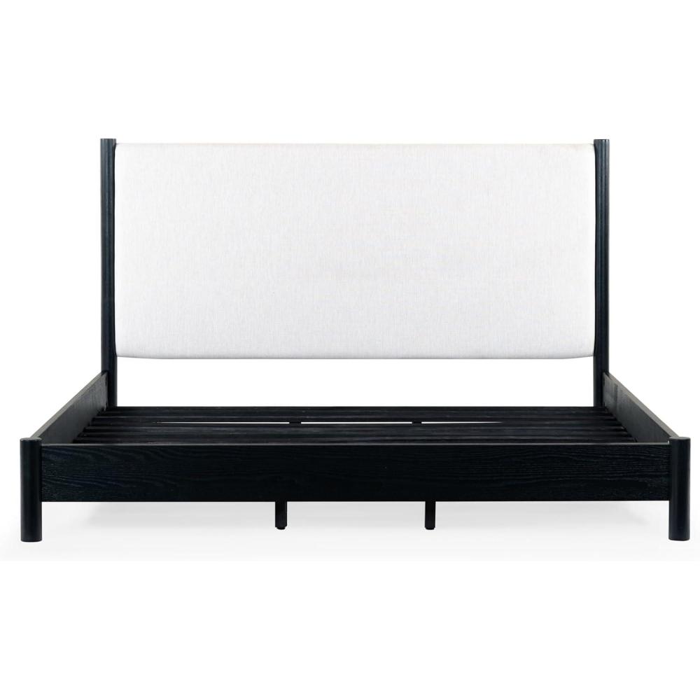 image:imageSAFAVIEH Couture Collection Jaylessa King Natural Wood Frame Bed Brown Fabric Upholstered Headboard No Box Spring Needed SFV2169DKBlackBeige