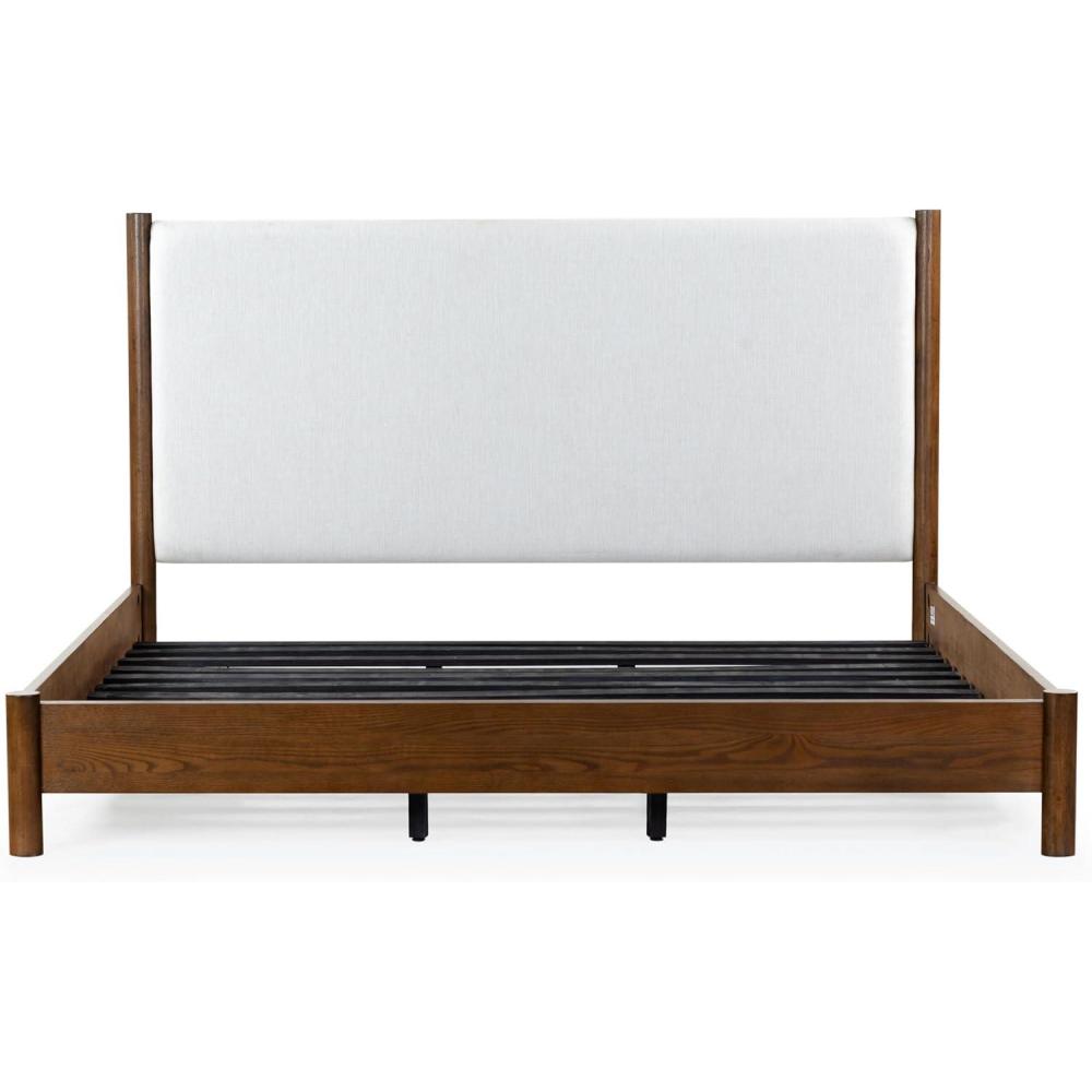 image:imageSAFAVIEH Couture Collection Jaylessa King Natural Wood Frame Bed Brown Fabric Upholstered Headboard No Box Spring Needed SFV2169DKMedium OakBeige