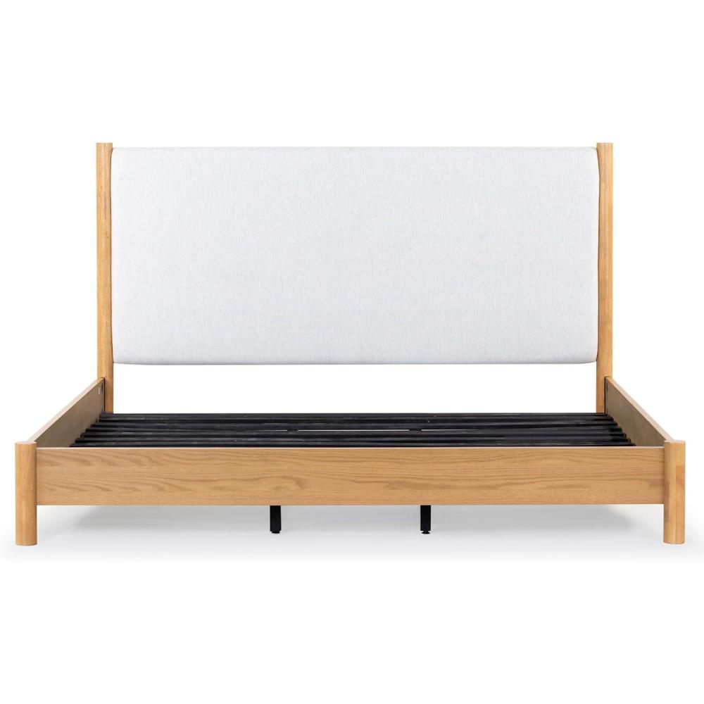 image:imageSAFAVIEH Couture Collection Jaylessa King Natural Wood Frame Bed Brown Fabric Upholstered Headboard No Box Spring Needed SFV2169DKNaturalBeige