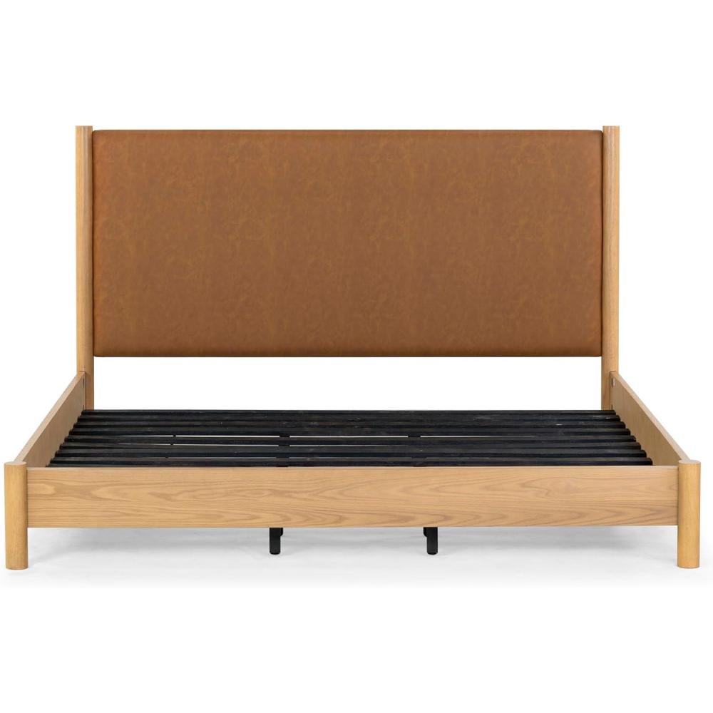 image:imageSAFAVIEH Couture Collection Jaylessa King Natural Wood Frame Bed Brown Fabric Upholstered Headboard No Box Spring Needed SFV2169DKNaturalBrown