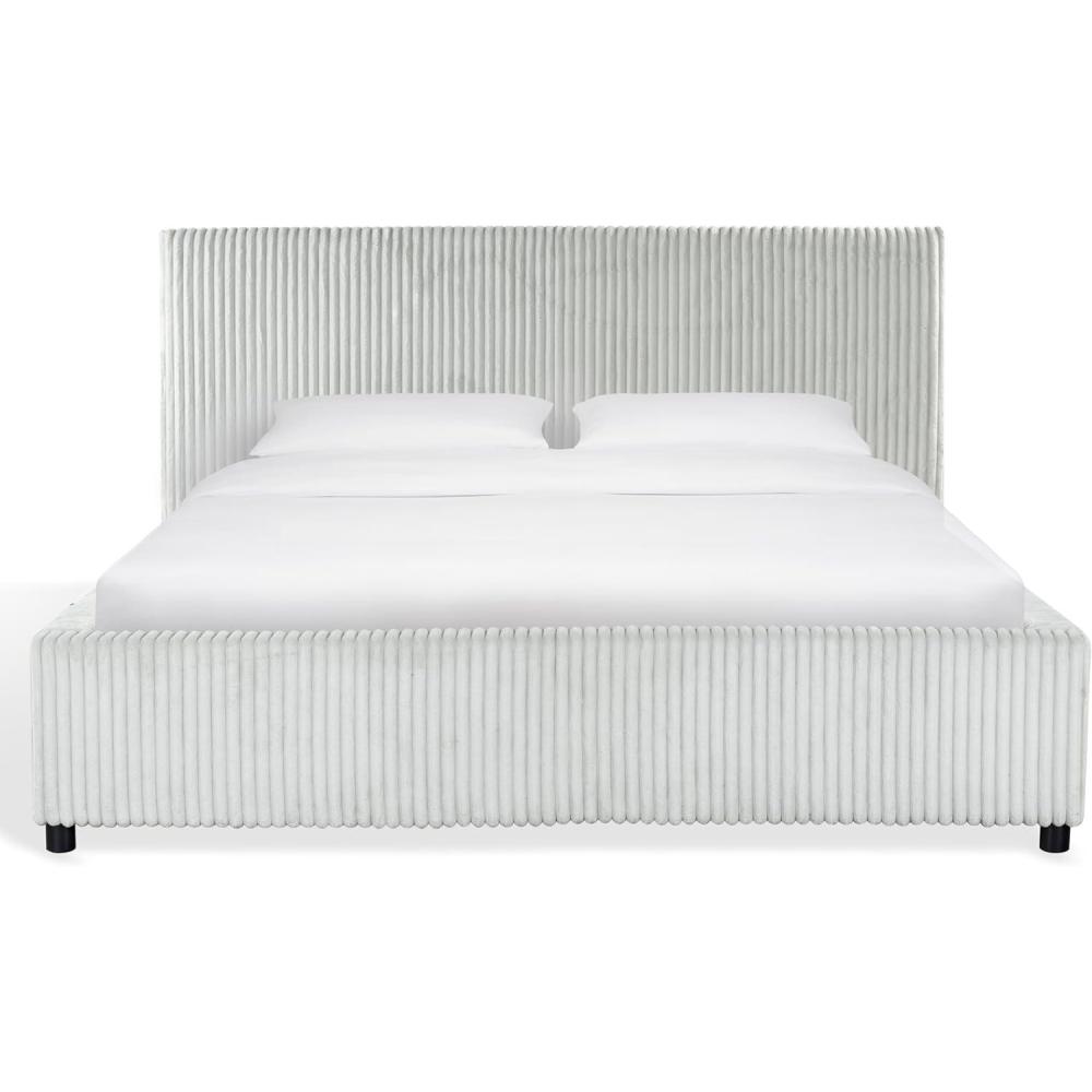 image:imageSAFAVIEH Couture Collection Mallika Grey Corduroy Queen Bed Channel Tufted Headboard Plush Upholstery No Box Spring Needed SFV6117BQGreyBlack