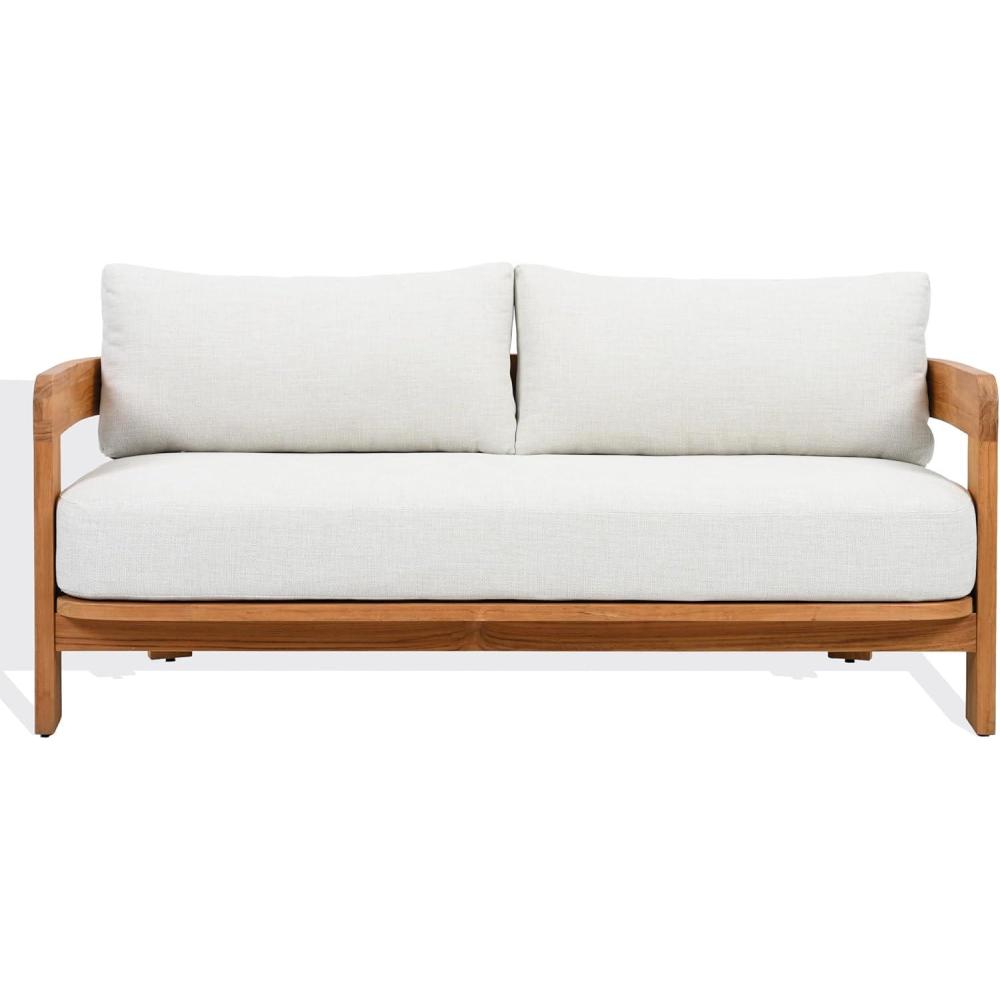 image:imageSAFAVIEH Couture Outdoor Patio Furniture Collection  Achilles Natural Teak amp White Patio Sofa Modern Outdoor Seating CPT1069AWhiteNatural Teak