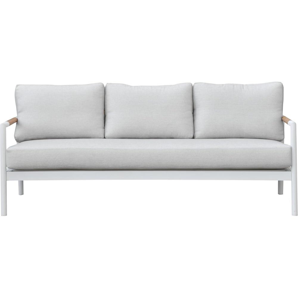 image:imageSAFAVIEH Couture Outdoor Patio Furniture Collection Chryssa 3Seater Sofa White Aluminum Frame with Natural Teak Wood Armrests amp Beige Cushions CPT4008AWhiteBeige