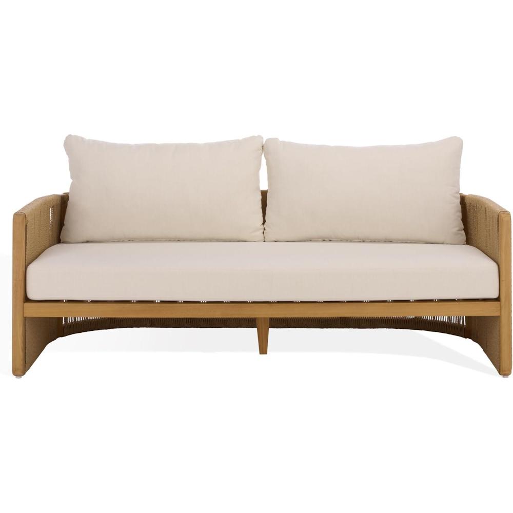 image:imageSAFAVIEH Couture Outdoor Patio Furniture Collection Gale Natural amp Beige Teak amp Hyacinth Sofa Curved RopeWrapped Frame with Plush AllWeather Cushions CPT2014ANaturalBeige
