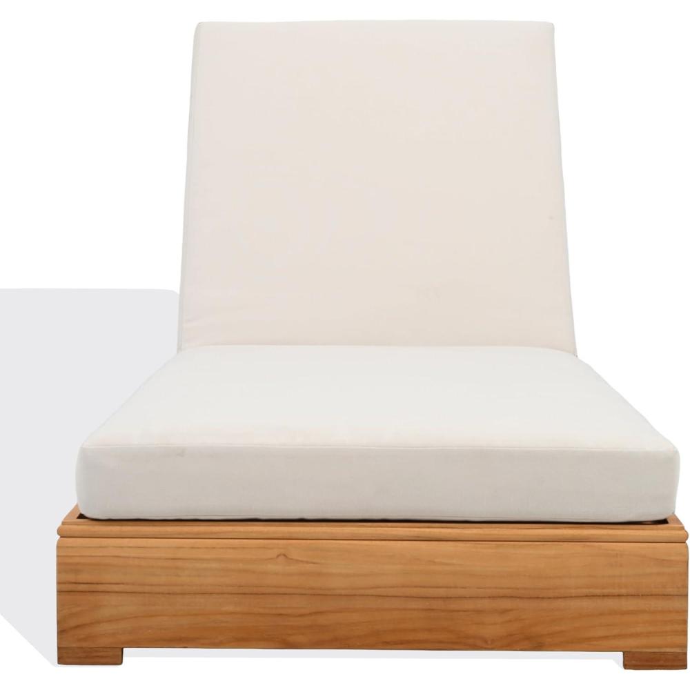 image:imageSAFAVIEH Couture Outdoor Patio Furniture Collection Montford Brazilian Teak Chaise Lounge with Beige Cushions Adjustable Backrest CPT1065Natural TeakBeige