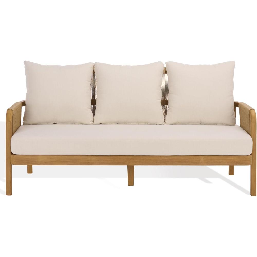 image:imageSAFAVIEH Couture Outdoor Patio Furniture Collection Rogers Natural amp Beige Teak amp Hyacinth Sofa Modern Coastal Outdoor Seating AllWeather Cushions CPT2017ANaturalBeige