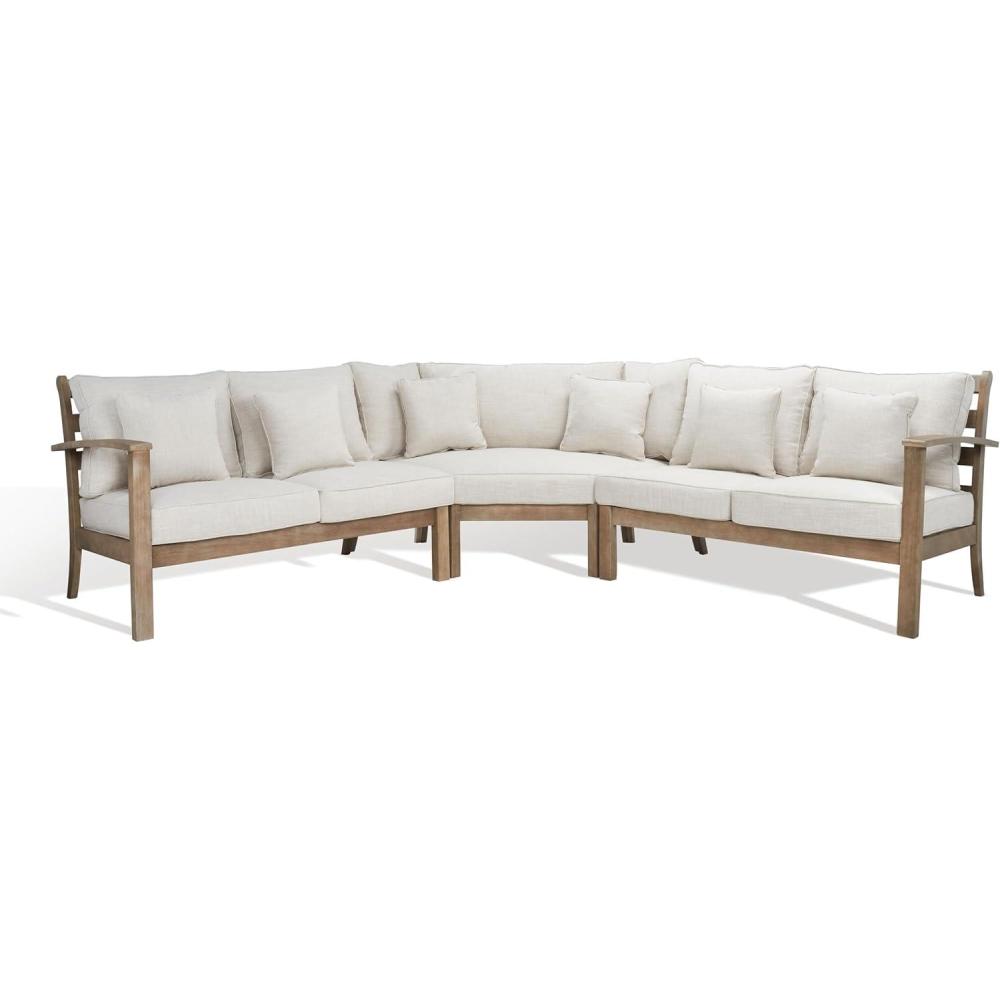 image:imageSAFAVIEH Couture Outdoor Patio Furniture Collection  Rosabecca Natural amp Beige Solid Wood Sectional Sofa Modern Outdoor Corner Couch DUP1000BNaturalBeige