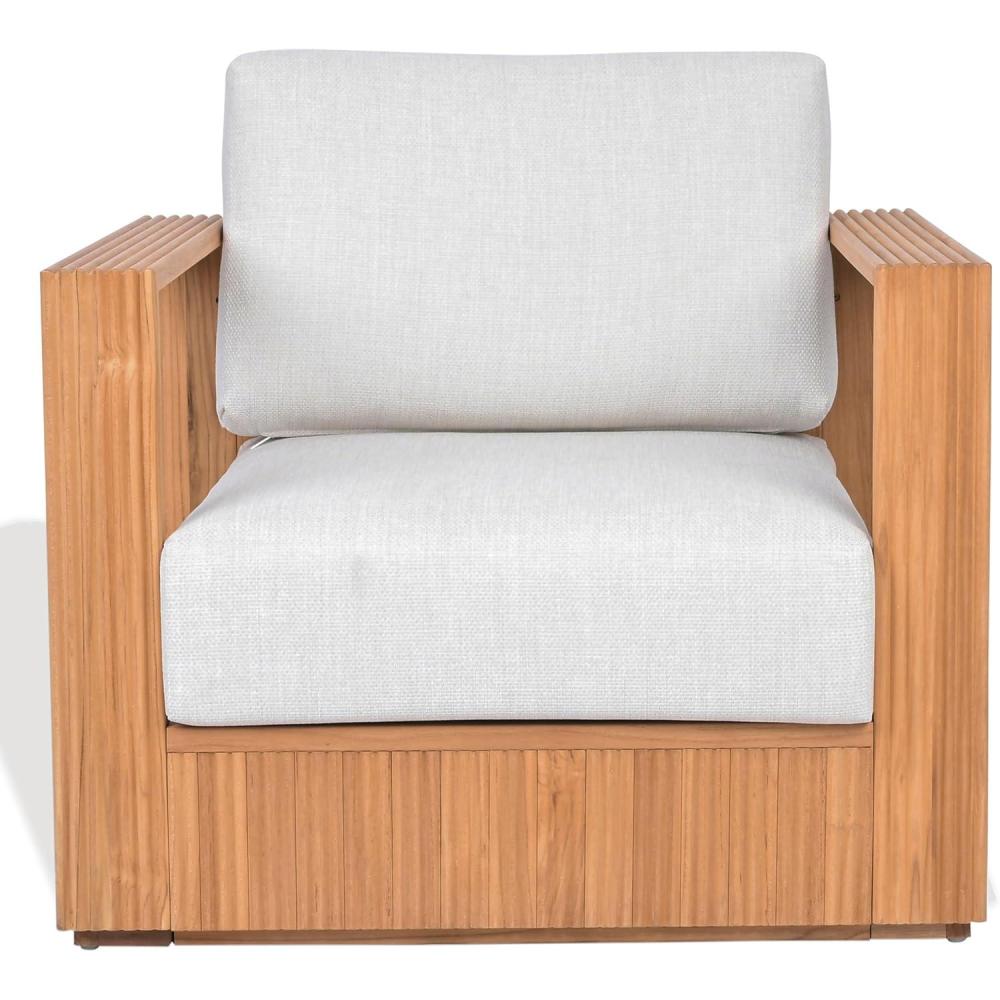 image:imageSAFAVIEH Couture Outdoor Patio Furniture Collection Saint Lucia Natural Teak Wood Patio Chair with White Cushions Reeded Outdoor Accent Chair CPT1072ANaturalWhite