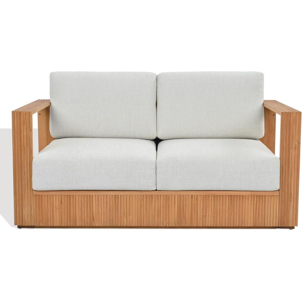 image:imageSAFAVIEH Couture Outdoor Patio Furniture Collection Saint Lucia Natural Teak Wood Patio Loveseat with White Cushions Reeded Outdoor Loveseat CPT1073ANaturalWhite