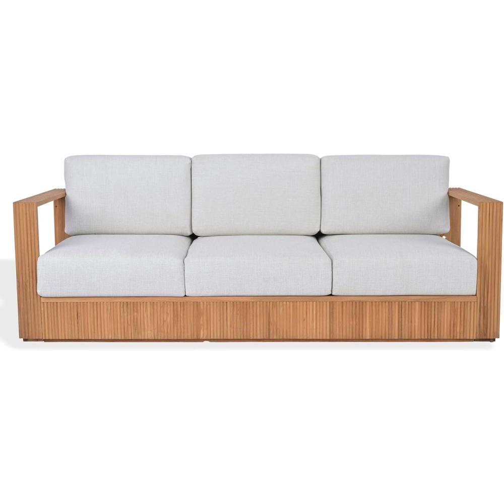 image:imageSAFAVIEH Couture Outdoor Patio Furniture Collection Saint Lucia Natural Teak Wood Patio Sofa with White Cushions Reeded Outdoor Sofa CPT1074ANaturalWhite