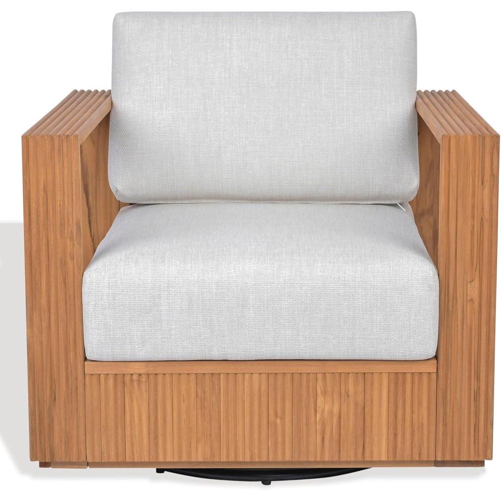 image:imageSAFAVIEH Couture Outdoor Patio Furniture Collection Saint Lucia Natural Teak Wood Swivel Patio Chair with Cushions Reeded Outdoor Accent Chair 360Degree Swivel Base CPT1071ANaturalWhite