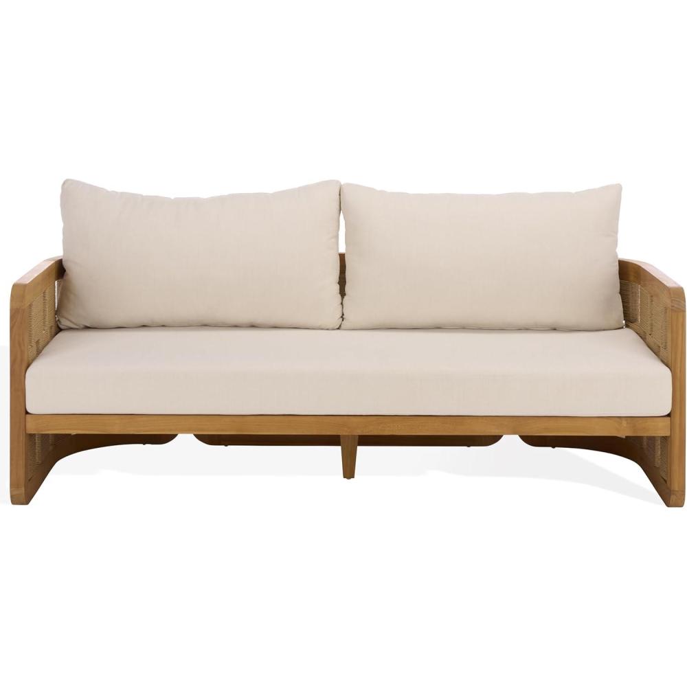 image:imageSAFAVIEH Couture Outdoor Patio Furniture Collection Skipper Teak Natural amp Beige Solid Wood Sofa Modern Coastal WovenPanel Design Outdoor Lounge Seating CPT2011ANaturalBeige