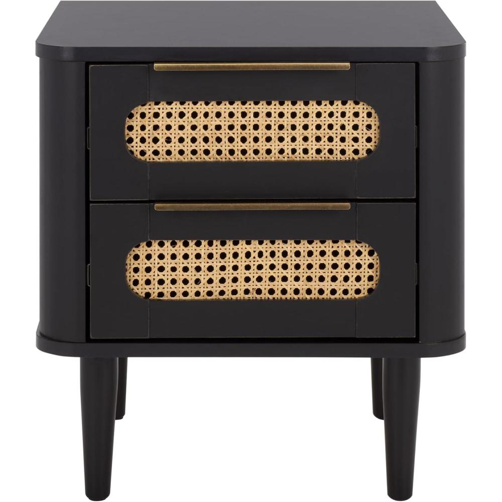 image:imageSAFAVIEH Home Collection Brey Walnut amp Brass 2Drawer Nightstand MidCentury Cane Accent Bedside Table NST3107ABlackBrass