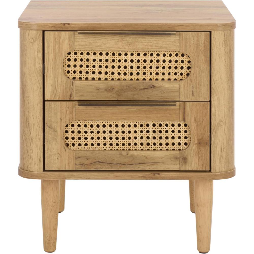 image:imageSAFAVIEH Home Collection Brey Walnut amp Brass 2Drawer Nightstand MidCentury Cane Accent Bedside Table NST3107AOakBrass