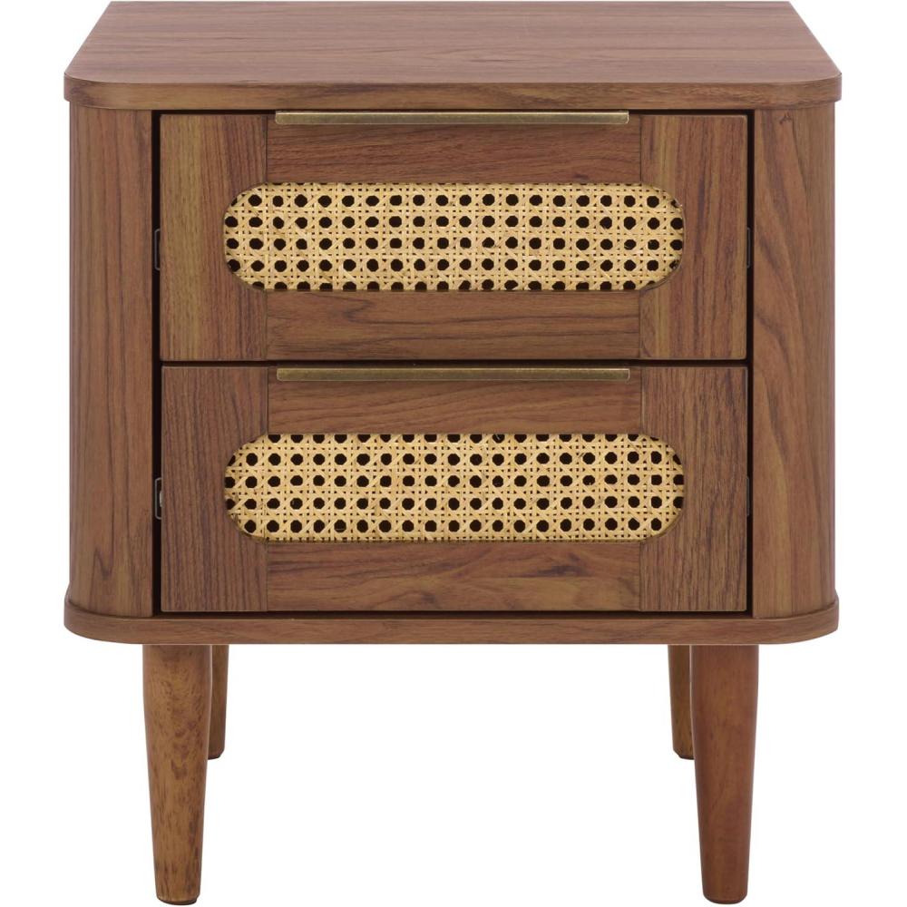 image:imageSAFAVIEH Home Collection Brey Walnut amp Brass 2Drawer Nightstand MidCentury Cane Accent Bedside Table NST3107AWalnutBrass