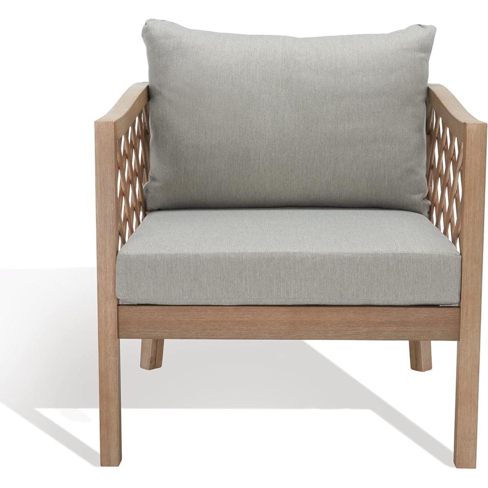 image:imageSAFAVIEH Outdoor Couture Collection Fiji Dark Brown Solid WoodBeige Cushion Trellis Pattern Patio Chair CPT1036A