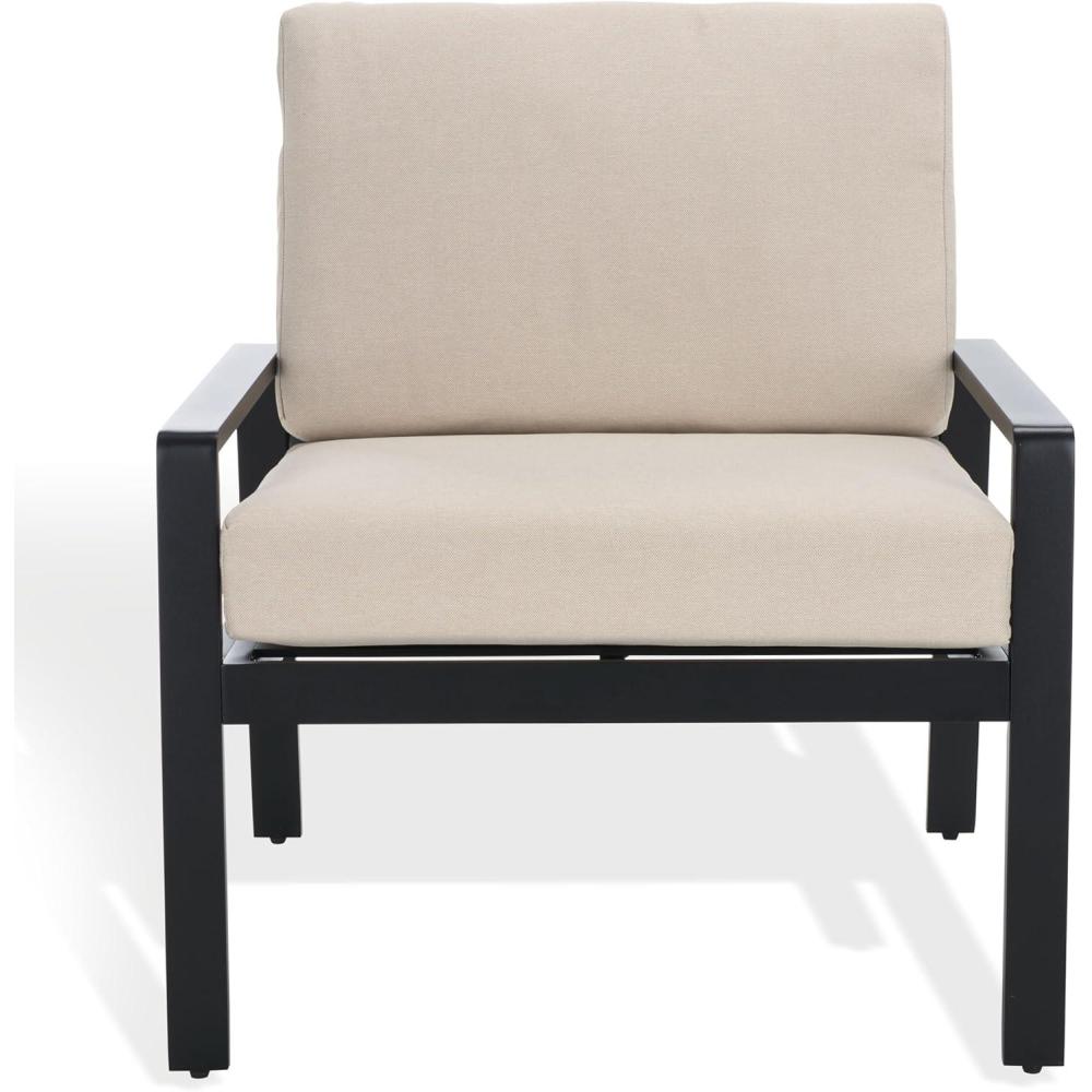 image:imageSAFAVIEH Outdoor Couture Patio Furniture Guam Black Aluminum amp Beige Armchair with CushionsBlackBeige