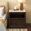 SAFAVIEH Couture Collection – Alaura Travertine Top & Oak Nightstand, Modern Bedside Table with Drawer & Shelf, Fully Assembled (SFV2222A)(Travertine/Walnut)