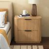 SAFAVIEH Couture Collection – Barrymore Greige Oak Reeded Wood 2 Drawer Nightstand, Fully Assembled Modern Storage Accent with Black Metal Hardware (SFV2225A)(Greige Oak)