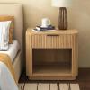 SAFAVIEH Couture Collection – Barrymore Greige Oak Reeded Wood Nightstand, 1 Drawer Bedside Table with Open Shelf, Fully Assembled (SFV2224A)(Greige Oak)