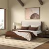 SAFAVIEH Couture Collection – Jaylessa King Natural Wood Frame Bed, Brown Fabric Upholstered Headboard, No Box Spring Needed (SFV2169D-K)(Medium Oak/Beige)