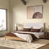 SAFAVIEH Couture Collection – Jaylessa King Natural Wood Frame Bed, Brown Fabric Upholstered Headboard, No Box Spring Needed (SFV2169D-K)(Natural/Beige)