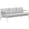 SAFAVIEH Couture Outdoor Patio Furniture Collection – Chryssa 3-Seater Sofa, White Aluminum Frame with Natural Teak Wood Armrests & Beige Cushions (CPT4008A)(White/Beige)