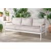 SAFAVIEH Couture Outdoor Patio Furniture Collection – Chryssa 3-Seater Sofa, White Aluminum Frame with Natural Teak Wood Armrests & Beige Cushions (CPT4008A)(White/Beige)