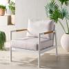 SAFAVIEH Couture Outdoor Patio Furniture Collection – Chryssa Accent Chair, White Aluminum Frame with Natural Teak Wood Armrests & Beige Cushions (CPT4007A)(White/Beige)