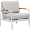 SAFAVIEH Couture Outdoor Patio Furniture Collection – Chryssa Accent Chair, White Aluminum Frame with Natural Teak Wood Armrests & Beige Cushions (CPT4007A)(White/Beige)