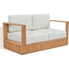 SAFAVIEH Couture Outdoor Patio Furniture Collection – Saint Lucia Natural Teak Wood Patio Loveseat with White Cushions, Reeded Outdoor Loveseat (CPT1073A)(Natural/White)