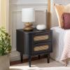 SAFAVIEH Home Collection – Brey Walnut & Brass 2-Drawer Nightstand, Mid-Century Cane Accent Bedside Table (NST3107A)(Black/Brass)