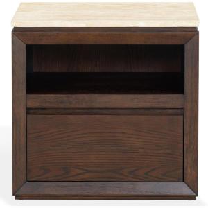 SAFAVIEH Couture Collection – Alaura Travertine Top & Oak Nightstand, Modern Bedside Table with Drawer & Shelf, Fully Assembled (SFV2222A)(Travertine/Walnut)