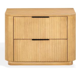 SAFAVIEH Couture Collection – Barrymore Greige Oak Reeded Wood 2 Drawer Nightstand, Fully Assembled Modern Storage Accent with Black Metal Hardware (SFV2225A)(Greige Oak)
