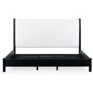SAFAVIEH Couture Collection – Jaylessa King Natural Wood Frame Bed, Brown Fabric Upholstered Headboard, No Box Spring Needed (SFV2169D-K)(Black/Beige)