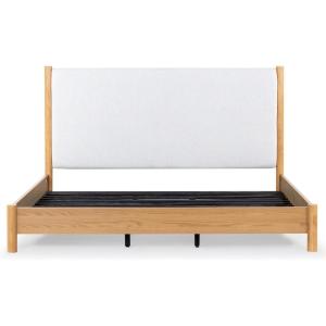 SAFAVIEH Couture Collection – Jaylessa King Natural Wood Frame Bed, Brown Fabric Upholstered Headboard, No Box Spring Needed (SFV2169D-K)(Natural/Beige)