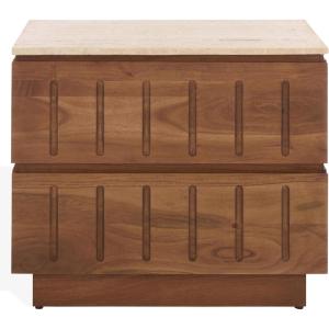 SAFAVIEH Couture Collection – Kaylissa Walnut & Travertine Top 2 Drawer Nightstand, Solid Wood Bedroom Furniture, Fully Assembled (SFV9757A)(Travertine/Walnut)
