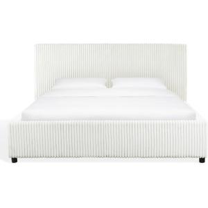 SAFAVIEH Couture Collection – Mallika Grey Corduroy Queen Bed, Channel Tufted Headboard, Plush Upholstery, No Box Spring Needed (SFV6117B-Q)(Ivory/Black)