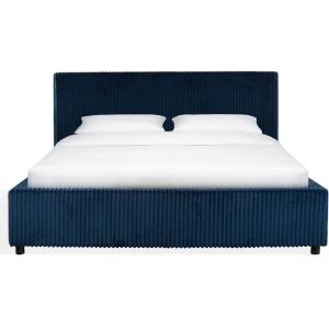 SAFAVIEH Couture Collection – Mallika Grey Corduroy Queen Bed, Channel Tufted Headboard, Plush Upholstery, No Box Spring Needed (SFV6117B-Q)(Navy/Black)