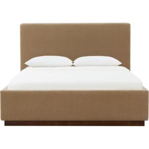 SAFAVIEH Couture Collection – Pippin Light Brown Velvet Upholstered Queen Bed with Headboard, No Box Spring Required (SFV5063B-Q)(Light Brown/Walnut)