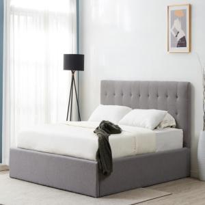 SAFAVIEH Couture Collection Rosita Low-Profile Ivory Tufted Upholstered Queen Bed, Ideal for Bedroom, Guest Room(Light Grey – K)