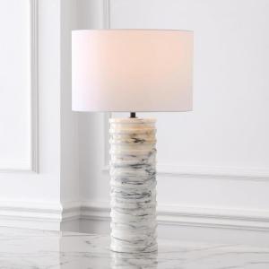 SAFAVIEH Couture Lighting Collection – Gizelle White & Grey Round Marble Table Lamp with White Shade, 29″ Modern Bedside or Living Room Light, Dimmable with LED Bulb (CTL1097A)(White/Grey)