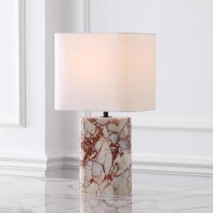 SAFAVIEH Couture Lighting Collection – Lisabryna Travertine Table Lamp with White Shade, 22″ Modern Bedside or Living Room Light, Dimmable with LED Bulb (CTL1094A)(White/Red)