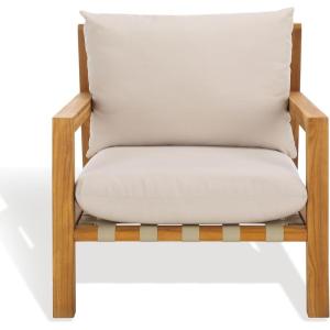 SAFAVIEH Couture Outdoor Collection Trinidad Natural/White Cushion Solid Teak Wood Patio Accent Chair